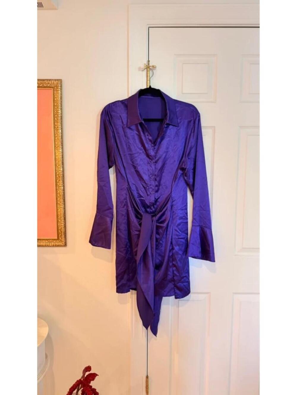 Purple satin wrap dress